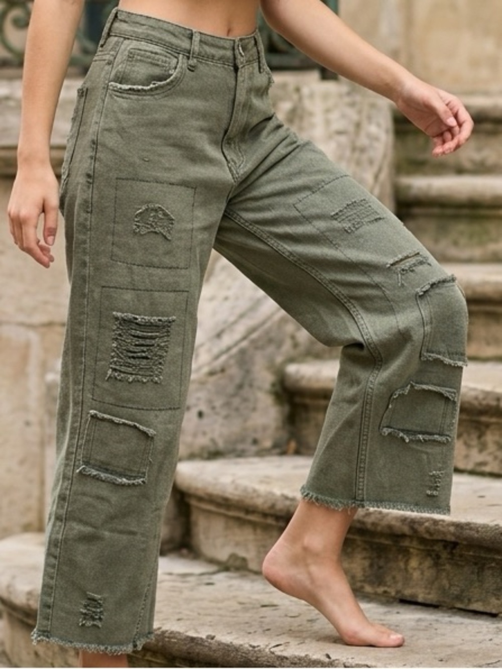 POL “just in” Olive Distressed denim pants heavily distressed super cute! - Picture 1 of 6